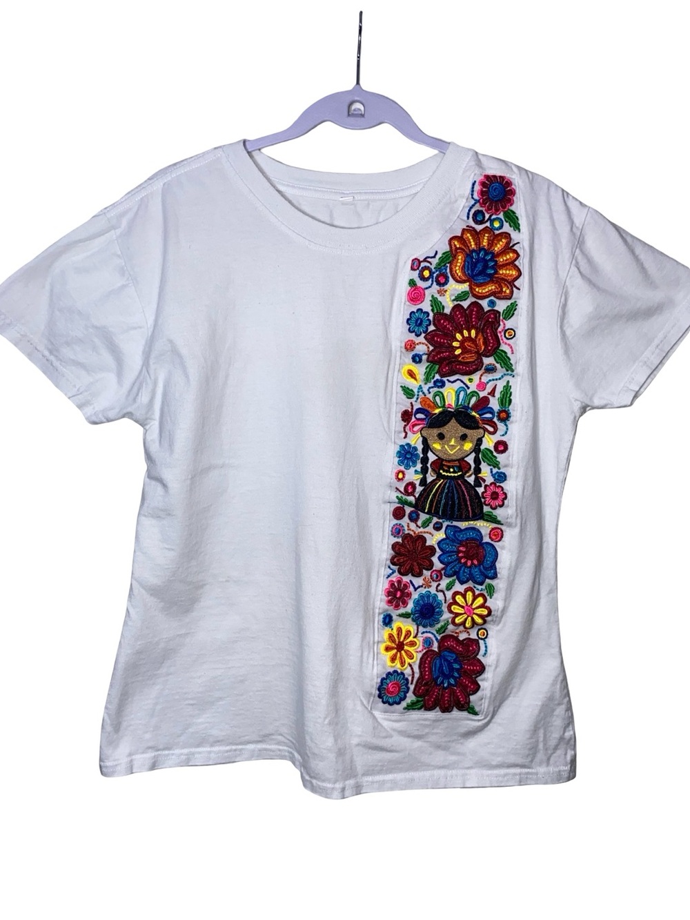Mexican Embroidered Doll T-Shirt Floral Folk Art Short Sleeve Tee White STAINS - Picture 2 of 8